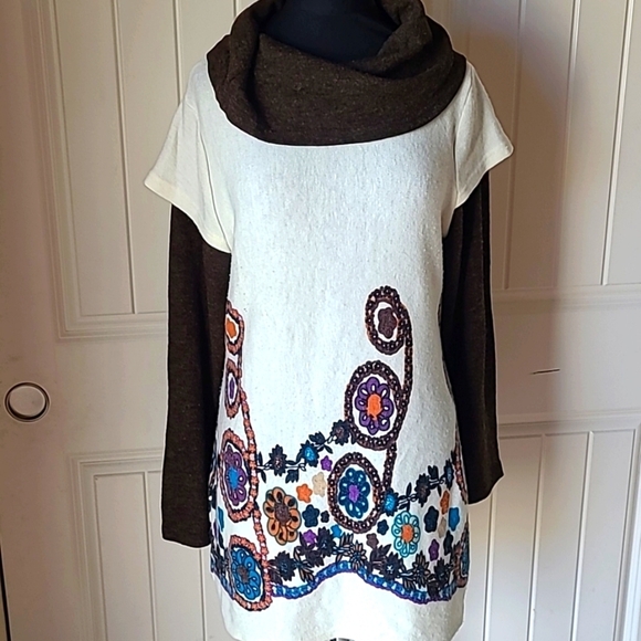 Aryeh Cream Brown Floral Cowl Tunic Sweater Dress size XL - Picture 1 of 6